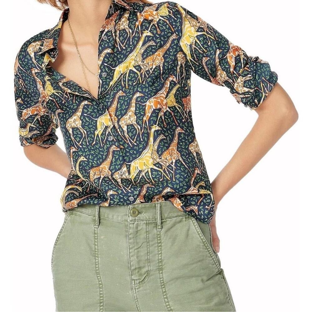 J.Crew Silk twill pajama style shirt blouse top Ratti Giraffe Print 6